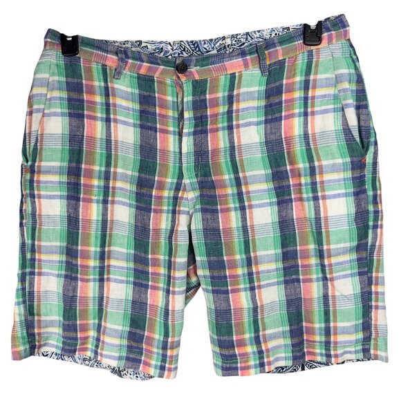 Tommy Bahama Linen Shorts Mens 35 Reversible Plaid & Paisley Floral Multicolor - Picture 1 of 14